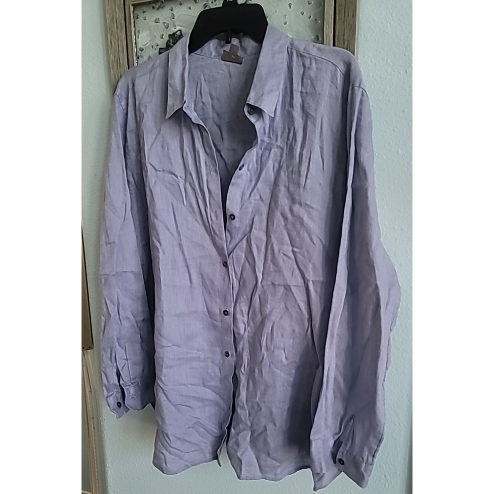 J JILL 100% Linen Lavender Pearl Shell Button Relaxed Tunic Blouse XL